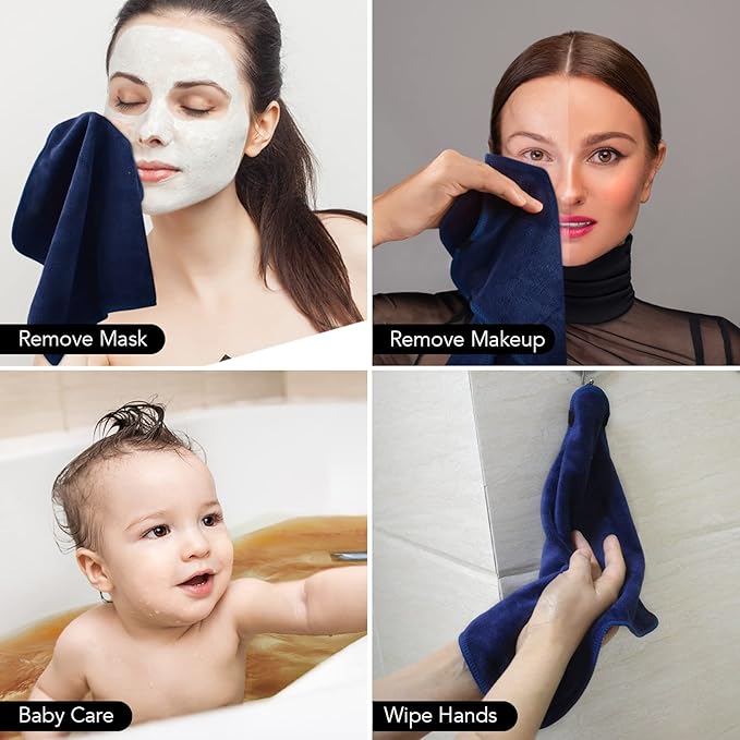 SINLAND Microfiber Facial Cloths Fast Drying Washcloth 12inch x 12inch (6pack, Navy Blue)