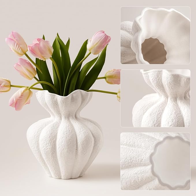 White Ceramic Vase, 8.2 Inch Modern Boho White Flower Vase for Home Decor, Unique Vase for Farmhouse Living Room Cabinet Table Centerpieces Wedding Decorations