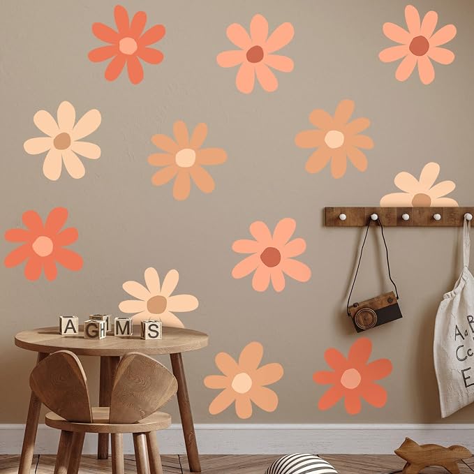 TaoBary 12 Sheet Daisy Wall Sticker Decal,Orange,Colorful Classic Style | Big Flower Wall Sticker, Pink White Floral Decal, Daisy Bedroom Room Decor, Removable Peel and Stick, Nursery Home Wall Decor