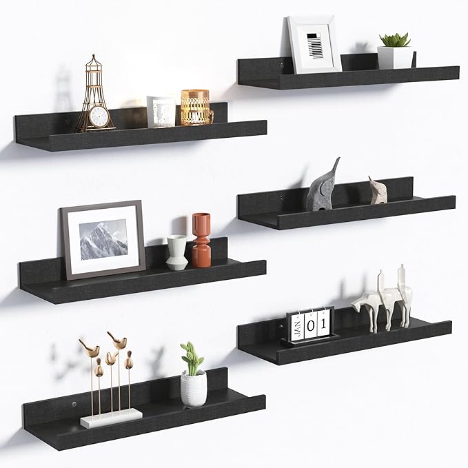 upsimples Floating Shelves for Wall Decor and Storage, Black, 6Pcs 15.7'' | Wall Mounted Wood Shelves for Living Room, Bedroom, Bathroom, Kitchen, Office, Laundry Room Display and Organize