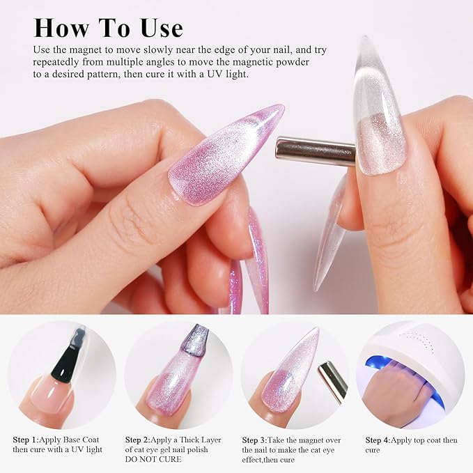 Imtiti Cat Eye Gel Nail Polish, 15ML Pink Holographic Glitter, Magnet UV LED Magnetic Gel Nail Polish Crystal Galaxy Sparkly Home DIY Manicure Nail Salon Kit