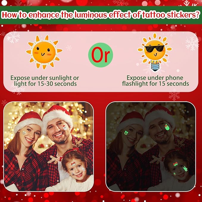JUNEBRUSHS Glowing Christmas Temporary Tattoos for Kids, 20 Sheets Kids Tattoos Christmas Stocking Stuffers Glow in the Dark Decorations for Boys Girls Christmas Face Makeup Gift Filler