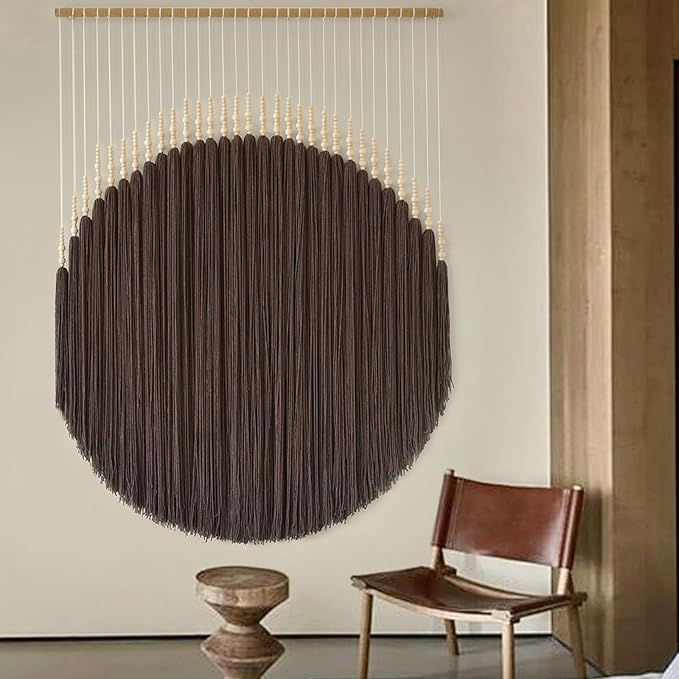 Macrame Wall Hanging Brown Geometric Art Beaded HandmadeTassel 39"W*45"L | Boho Wall Art, Handmade Wall Hanging, Modern Decor, Dorm Room Style, Living Room Accent, Office Decoration, Round Wall Art