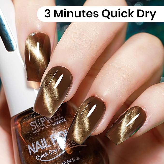 Brown Cat Eye Nail Polish Non Gel, Quick Dry Magnetic Nail Polish with Magnet Cateye Fingernail Lacquer Air Fast Drying Manicure Gift For Women Girls 16ml/0.54 oz