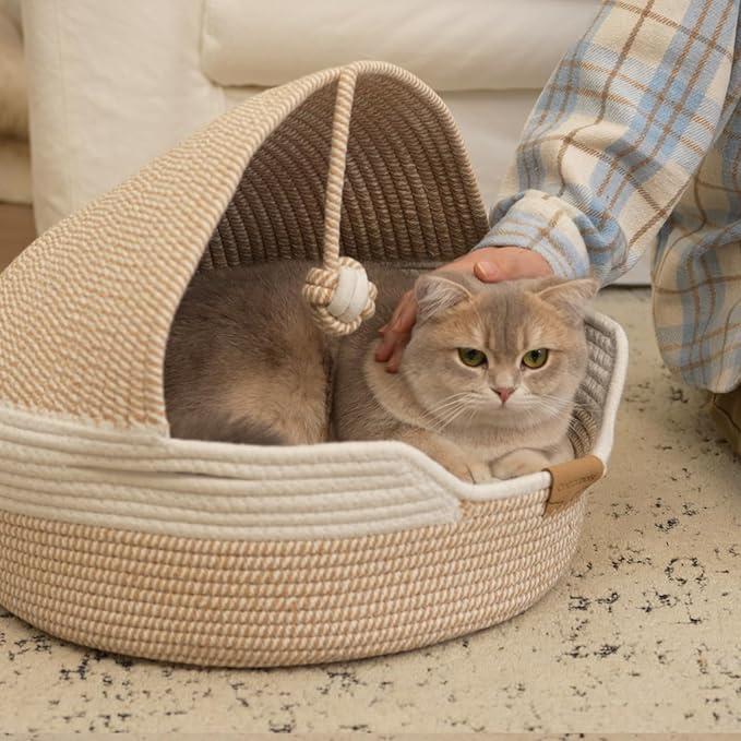 CHEERPALS Cat Basket Bed with Washable Cushion and Ball Rope Cotton, Covered Pet Bed for Indoor Cats Cave Bed Hooded, Stimulicat Cat Bed Handwoven Breathable, All Season Universal(White)