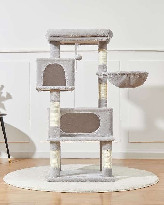 Taoqimiao Cat Tree, 49In Cat Tower for Indoor Cats Large Adult | 2 Luxurious Cat Condos, Thick Padded Top Perch, Adjustable Hanging Baskets, 5 Scratching Sisal Posts, Light Gray MS029LW
