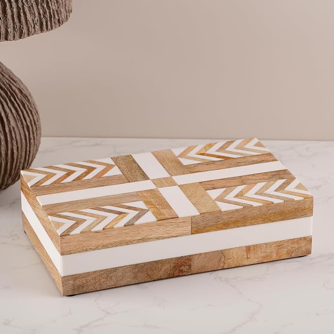 Handicrafts Home White Decorative Storage Box with Lid Wood Remote Control Box Coffee Table Storage Box Remote Holder for Living Room Decor – Resin Inlay Patisserie Adorn Collection- 8x5x2