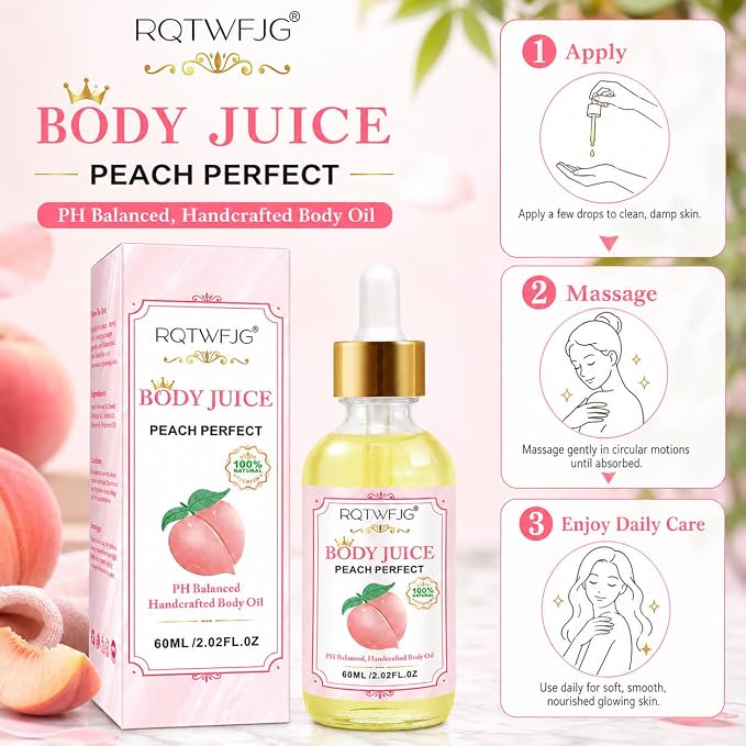 Peach Body Oil, 2.02 Fl Oz, Lightweight Body Moisturizer Oil with Dropper, Peach Scented Skin Care Oil for Dry-Feeling Skin, Massage and Daily Body Care (2.02 Fl Oz (Pack of 2))
