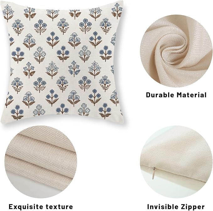 Brown Blue Pillow Covers 22x22 Inch Set of 2 Boho Block Print Floral Throw Pillows Vintage Flower Decorative Pillow Cases Outdoor Linen Farmhouse Cushion Cover for Couch Sofa Bed Decor
