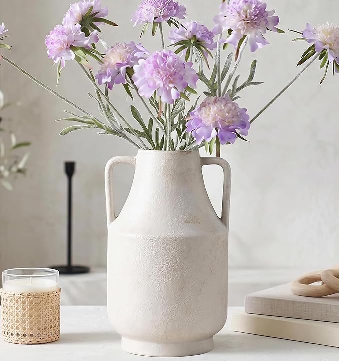 Ceramic Flower Vase with Handles, 11in Tall White Vases for Centerpieces | Waterproof Large Decorative Terracotta Vases for Home Decor, Living Room,Table, Handcrafted (White)