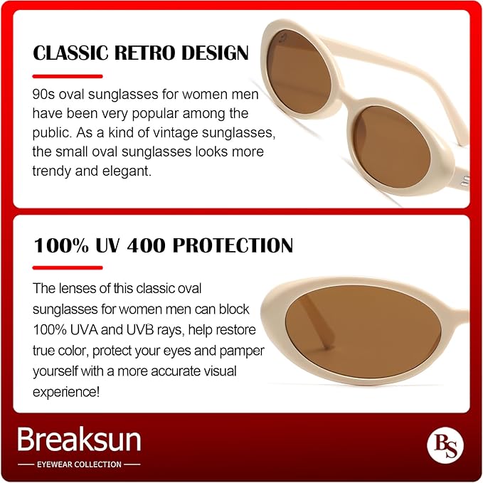Breaksun Retro Oval Sunglasses for Women Men Fashion Small Oval Sunglasses 90s Vintage Shades