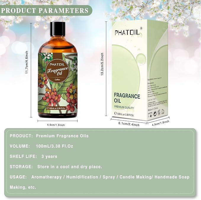 PHATOIL 3.38FL.OZ Coffee Fragrance Oils for Aromatherapy, Essential Oils for Diffusers for Home, Perfect for Diffuser, DIY Candle and Soap Making, DIY Scented Products - 100ml