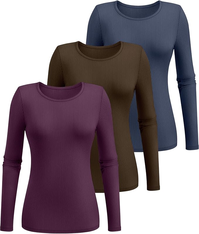 Ficerd 3 Pack Women's Ribbed Long Sleeve Tops, Crew Neck Slim Fit Undershirts Knit Basic Casual Stretch Layering Tee Shirts