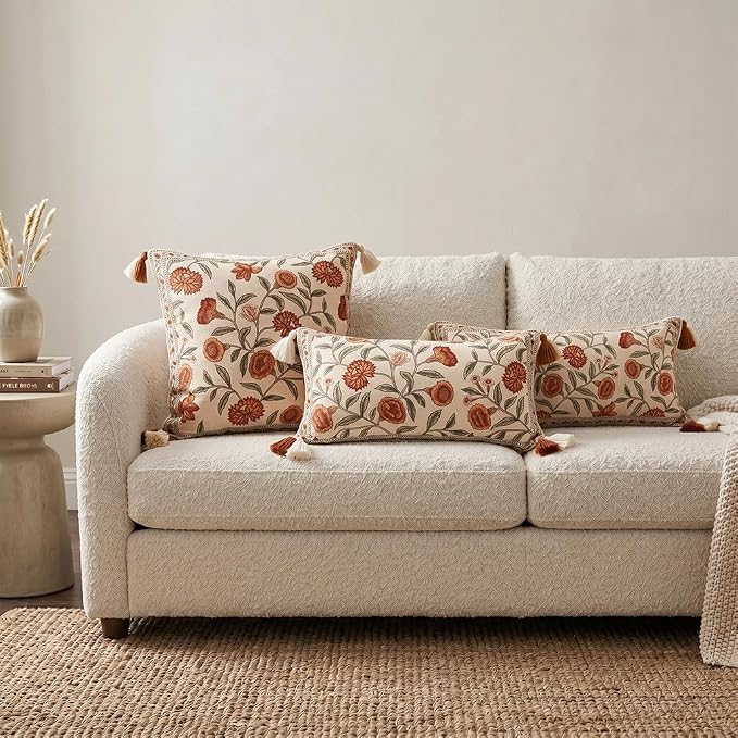 French Linen Rectangle Throw Pillow Cover,Set of 2,20"x12"-Albano A | Designer Vintage Pillow Cover,Concealed Zipper Design,Orange Floral Pattern,Sofa,Bedroom,Living Room,Lounge Chairs