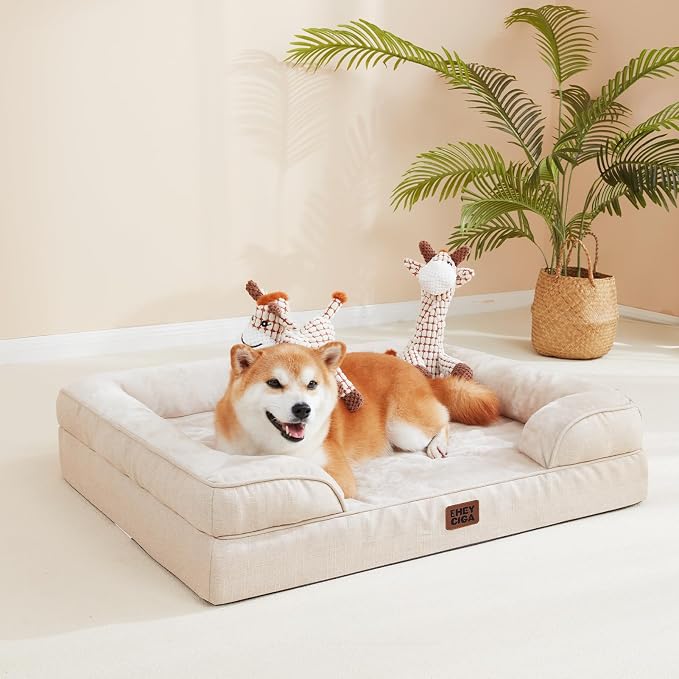 EHEYCIGA Orthopedic XXL Dog Bed, Waterproof Washable XL Big Pet Bed 52" | Non-Slip Bottom and Egg-Crate Memory Foam Extra Large Pet Couch Bed with Washable Removable Cover, Beige