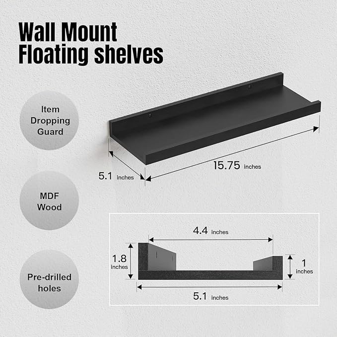 RICHER HOUSE 8-Set Floating Shelves with Lip, Black Wall Mounted Wood Shelf | Display Picture Ledge Shelf, Anti-drop lip Shelf for Room Wall Decor, Bedroom Bathroom Storage Nursery Hanging Book Shelves