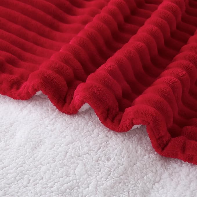 Red Sherpa Fleece Throw Blanket 90”×90”for Couch Sofa Bed | Double Side Soft Fuzzy Cozy Plush Thick Flannel Blanket with Striped Design Gift for Adults,Woman