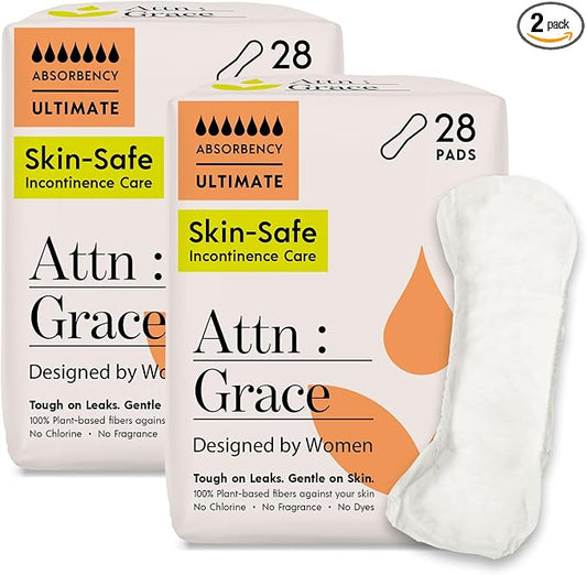 Attn: Grace Ultimate Incontinence Pads for Women, 2-Pack (56 Pads Total / 28 per Pack) - Plant-Based, High Absorbency, Breathable - Overnight Pads for Heavy Bladder Leaks & Sensitive Skin