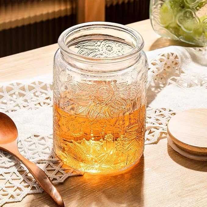 Set of 2 Vintage Glass Storage Jars, Candy Jars with Lids | Coffee Jars, Kitchen Canisters for Coffee Tea Sugar Candy Cookie, Decorative Mason Jars Cute Jars (25.3oz/23.7oz)