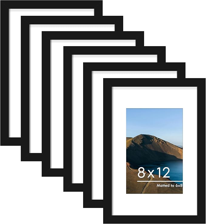 8x12 Picture Frame Set of 6, Wall or Tabletop Display, Black | Display 6x8 with Mat or 8x12 Without Mat, Horizontal or Vertical, Gallery Wall Frame Set for Wedding & Room & Home Decor