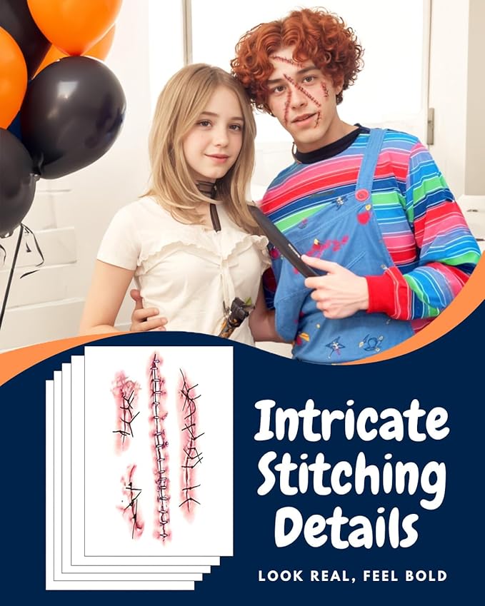Horror Realistic Fake Bloody Wound Stitch Scar Scab Waterproof Temporary Tattoo Sticker Halloween Masquerade Prank Makeup Props (5 Sheets Stiching)