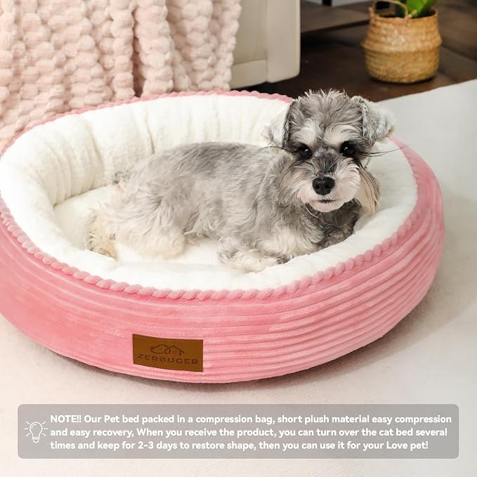 Zerbuger 20in Pink Round Dog Bed Sofa for Dogs Cats, Machine Washable | for Small/Medium/Large Dogs Cats, Foam Pet Couch with Removable Mat Non-Slip Bottom, Pet Cuddler for Indoor/Outdoor/Car/Cage