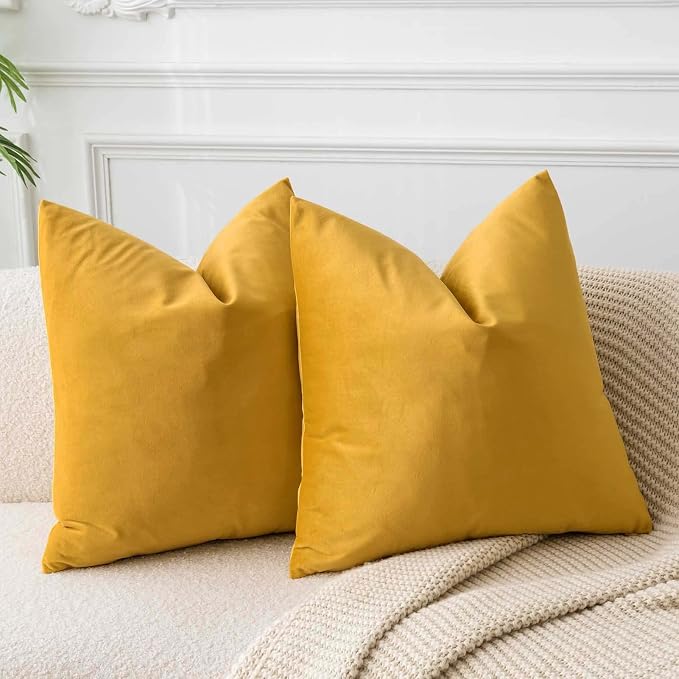 Throw Pillow Covers Set of 2 for Couch Bed Velvet Cushion Cover 14x14,Gold | Decorative Pillow Covers with Invisible Zipper for Sofa Living Room Bedroom Home Decor Modern
