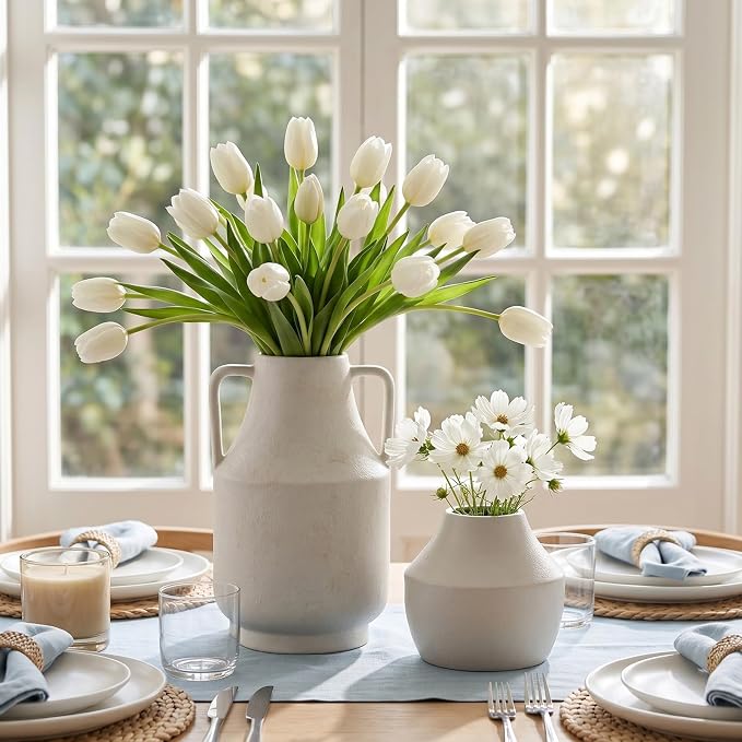Ceramic Flower Vase with Handles, 11in Tall White Vases for Centerpieces | Waterproof Large Decorative Terracotta Vases for Home Decor, Living Room,Table, Handcrafted (White)