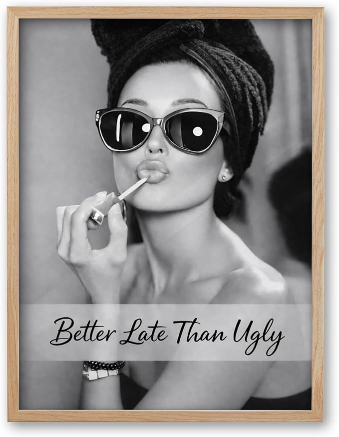 iHery 12x16in Hepburn Better Late Than Ugly Unframed Bathroom Wall Art | Unframed Canvas Poster Print, Vintage Makeup Decor for Bathroom, Bedroom, Vanity Room and Living Room, 1Pack