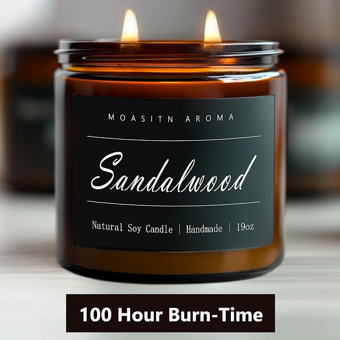 MOASITN Sandalwood Large Heavenly Scented Candles for Home|19oz 100h Long Lasting Clean Burn|Natural Soy Aromatherapy Candle|2 Wick Jar Candle for Women,Men as Relaxing,Birthday,Housewarming Gifts