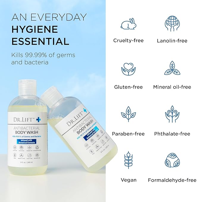 Antibacterial Body Wash | Kills 99.9% of Germs | Made in America | Antibacterial Soap - Infused with Botanical Extracts | Shower Gel Body Wash for Women & Men | Liquid Bath Soap - 8 Oz. | Dr. Lift