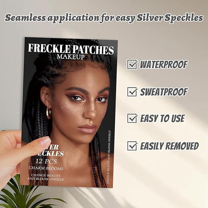 SILVER Glitter Freckles Makeup Patches, 12PCS Speckles Face Tattoos Sticker Set, Temporary Face Sparkle Sticker Makeup Accessories for Women Girl, Lasting & Waterproof