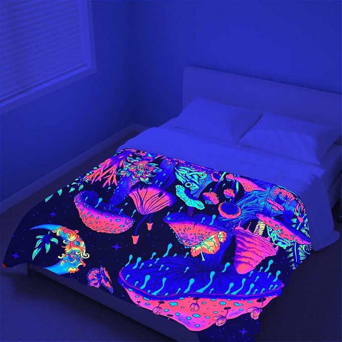 Blacklight Mushroom Throw Blankets Glow in the Dark Black Light Plant Throw Fantasy UV Reactive Mushroom Butterfly Moon Blanket Cute Throw for Bedroom Dorm Decor 59”x51”