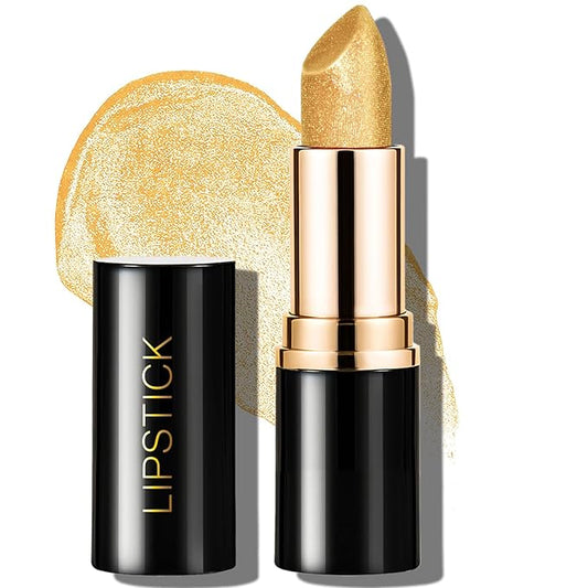 Metallic Lipstick Golden Glitter Lip Stick, Long Lasting Waterproof Shimmer Lipstick for Women Makeup Tinted Lip Balm Creamy Diamond Smooth Full Coverage Lip Color Lightweight Non Stick Cup