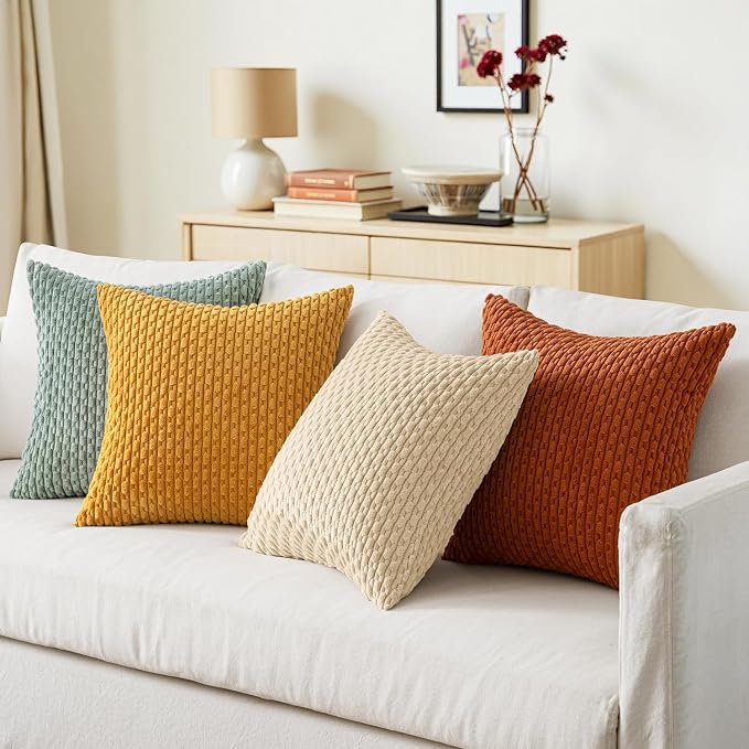 MIULEE Teal Orange Decorative Throw Pillow Covers for Couch Boho Farmhouse Cushion Covers Soft Corduroy Pillowcase Rustic Home Decor for Bed Sofa Living Room 18x18 Inch Set of 4