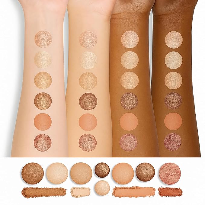 K'APEINE All in One Baked Makeup Palette, Dark Brown Eyeshadow, Blush Highlighter & Bronzer Face Kit Neutral Baked Powder Palette Hign Pigment Full Face Makeup Set Women (7colors)