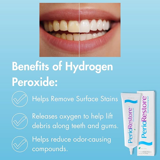 Perio Restore® Gel 3 Ounce Tube; 3 Pack. 1.7% Hydrogen Peroxide Oral Cleansing Treatment Gel. Includes Two (2) Trays for Ease of Application. Mint Flavor