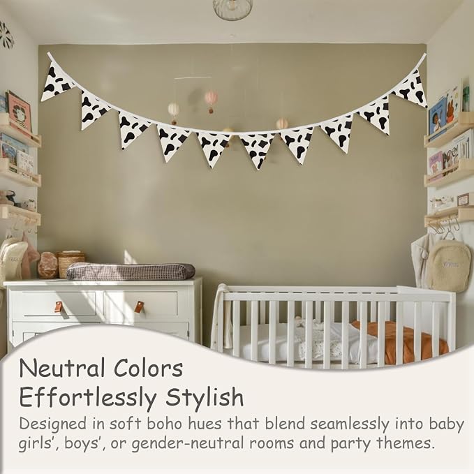 Western Nursery Room Cow Print Wall Art Decor,Western Party Decorations Cowboy Cowgirl Farmhouse Wall Decor for Toddler Classroom Playroom Garland Triangle Banner,11Ft Bunting Flags Fabric