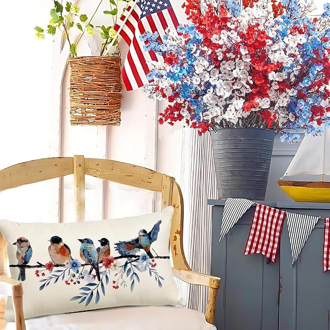 RABUSOFA 4th of July Memorial Day Patriotic Lumbar Throw Pillow Cover,12x20 Inch Red White and Blue Birds Flowers Independence Day American Fourth of July Decoration for Sofa Couch