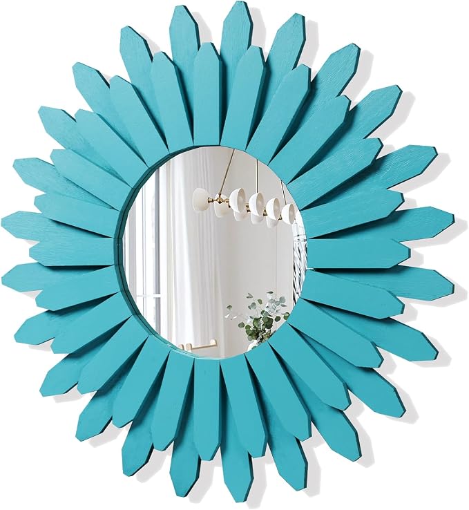 Beach Wall Decor Mirror 21 inch Wood Coastal Wall Decor Sunburst Boho Home Decor Room Decor for Bedroom Living Room Entryway Cyan