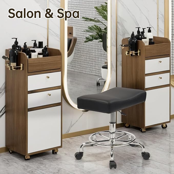 Heavy Duty Extra Wide Rolling Stool PU Leather Thickened Seat Cushion with Foot Rest Adjustable Height Swivel with Wheels for Spa Salon Tattoo Work Massage Barstool, Black, 2 Pack