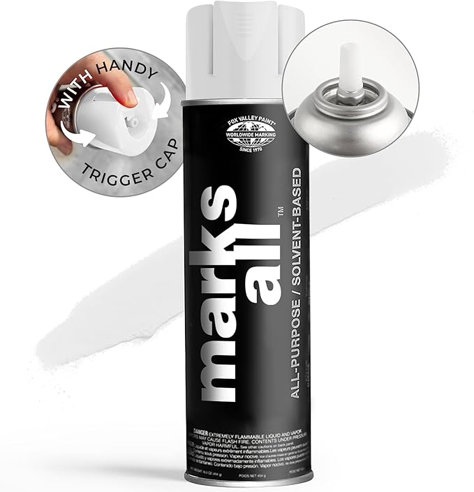 Fox Valley 18oz Marks All Solvent-Based Marking Paint Spray, 12-Pack White – Long-Lasting, Weather-Resistant Spray Paint for Wet or Dry Surfaces Like Metal, Grass, Concrete, Wood, & More
