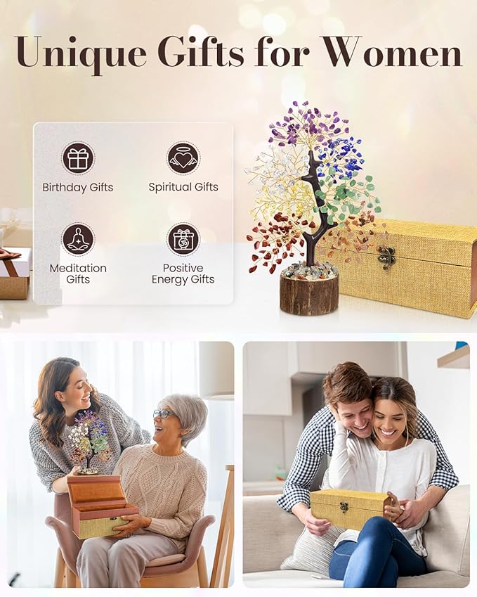 7 Chakra Crystal Tree of Life with Orgonite Pyramid (Set 2) - Unique Birthday Gifts for Women, Valentine's Day New House Warming Gifts, Chakra Trees Healing Positive Energy for Home Office Desk Decor
