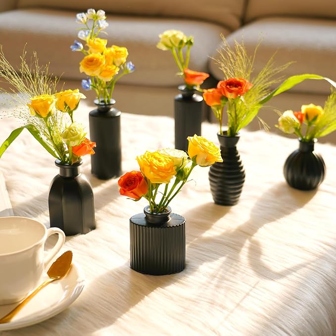 Black Vase, Bud Vases Set of 12 Small Glass Vase for Decor Centerpieces | Matte Ribbed Modern Vintage Flower Vases for Wedding Party Table Decoration Home Decor in Bulk