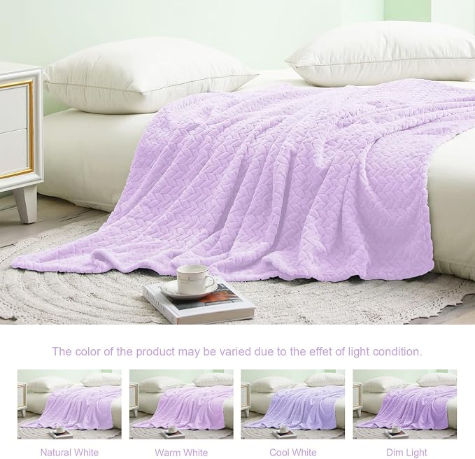 Exclusivo Mezcla Soft Fleece Bed Blanket Twin Size, 90”x66”, Lilac Purple | Cozy Fluffy Lightweight Blankets for Summer, Decorative Plush Flannel Throws for Living room, Bedroom with Leaves Pattern
