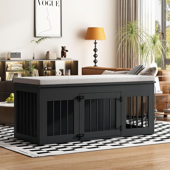 47.2" Large Dog Crate Furniture for Small Medium Dogs, Black | Indoor Furniture Style Wooden Dog Crate Kennel Cage House, End of Bed Bench Ottoman with Cushion,for Bedroom, Living Roome