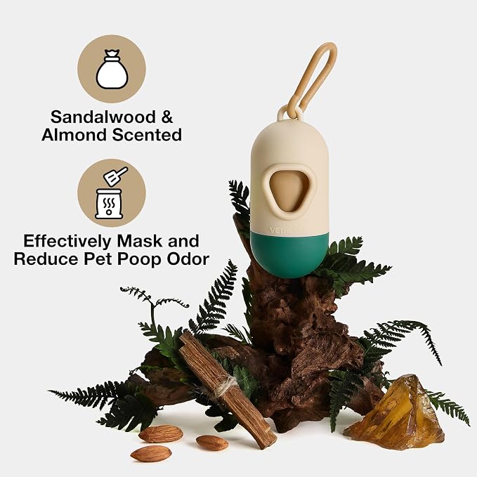 VETRESKA Dog Poop Bags Dispenser with 105 Bags, Leak Proof and Extra Thick | Pet Waste Bags for Dog Walking and Cat Litter, Sandalwood & Almond Scented