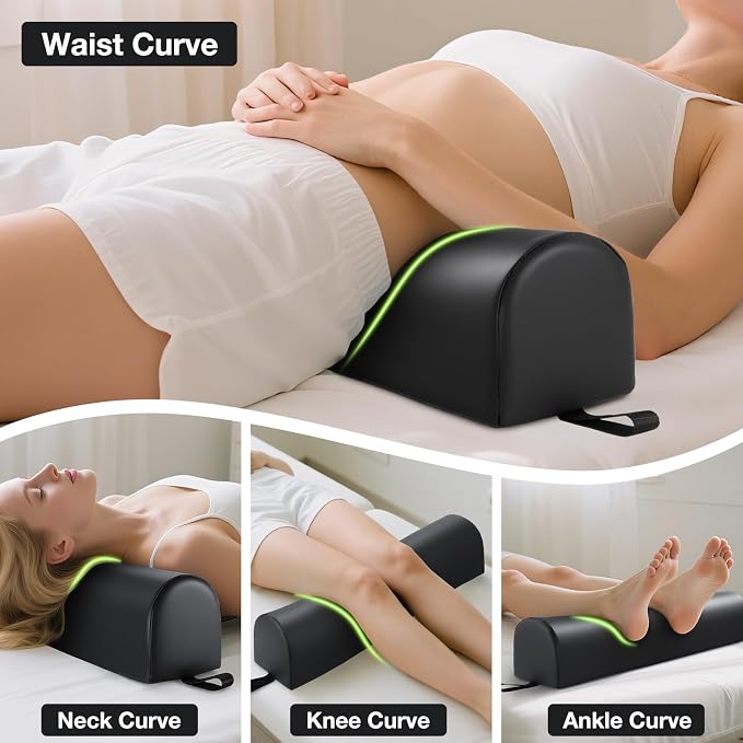 Noverlife 3/4 Round Massage Table Bolster Pillow with Strap Handle, 26 x 6 x 6 in PU Leather Massage Bolster for Under Legs, Cozy Positioning Support Pad for Knee Neck Back Pain Relief - Black