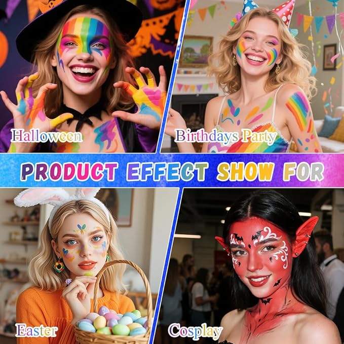 Water Activated Face Paint, Highly Pigmented Face Painting Kit, Quick-Drying Body Paint for Adults, Split Cake Face Paint with 4 Face Paint Brushes for Halloween, Easter, Parties