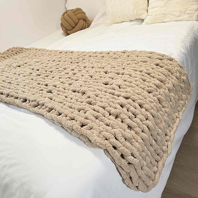 Soft Chunky Knit Throw Blanket for Couch, Cozy Warm Knitted Blankets | Hand Knit with Jumbo Chenille, Lightweight Warm Fluffy Decor for Women, Mom, Her & Girls, Sofa, Chair, Bed, 48"x71" (Tan)